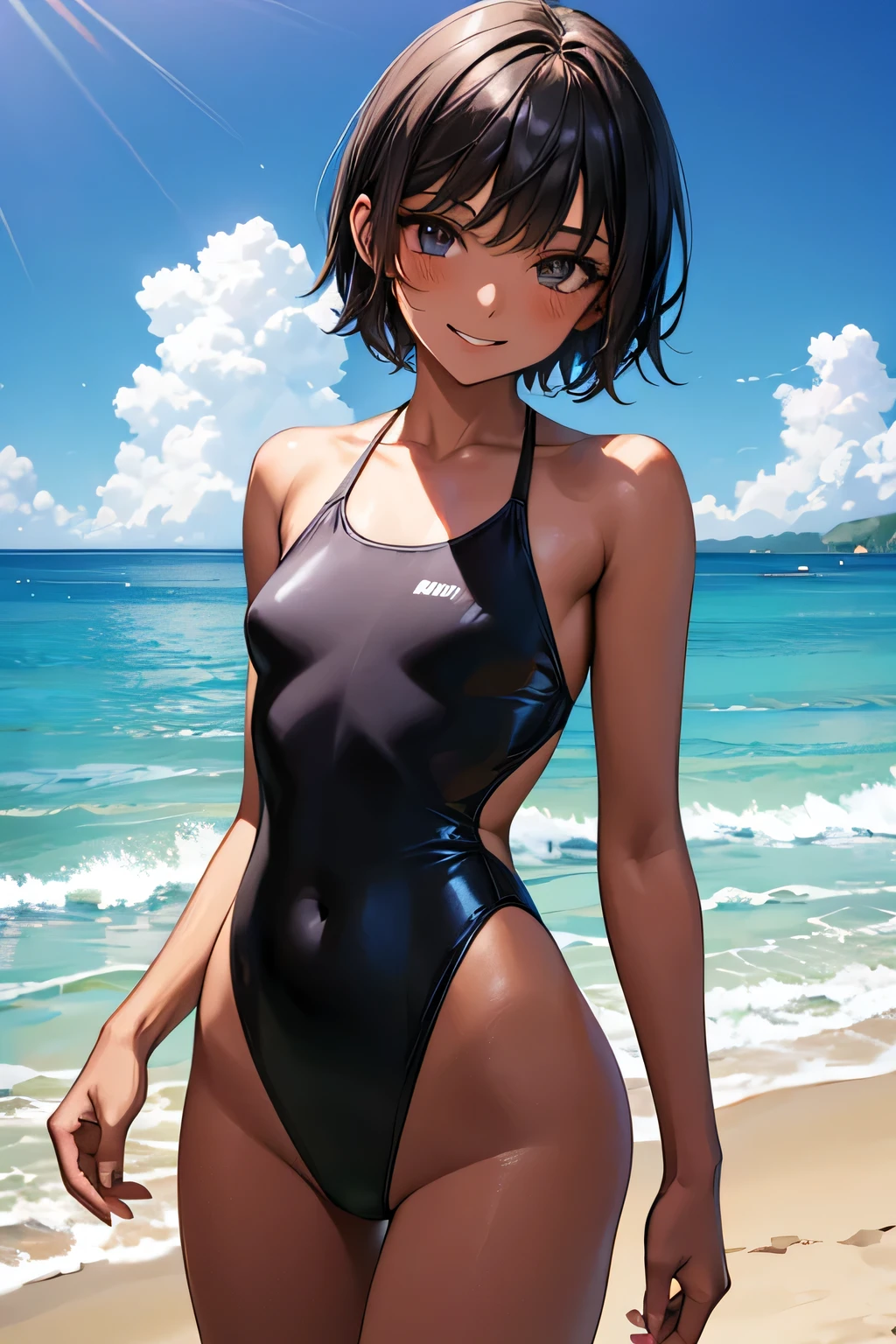 Ocean,Young Woman,Height 175cm,Small Head,The best smile,short hair,Black Hair,black eye,White swimsuit,Chocolate brown skin