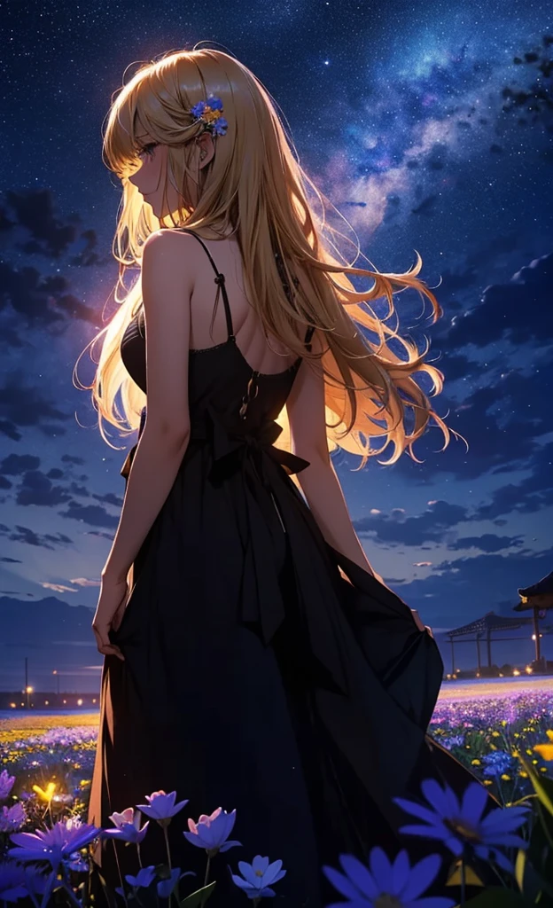 1people々々々々々々々々々々々々々々々々,Blonde long-haired woman, camisole,silhouette, Rear View,Space Sky, Flower Field,Colorful flowers
