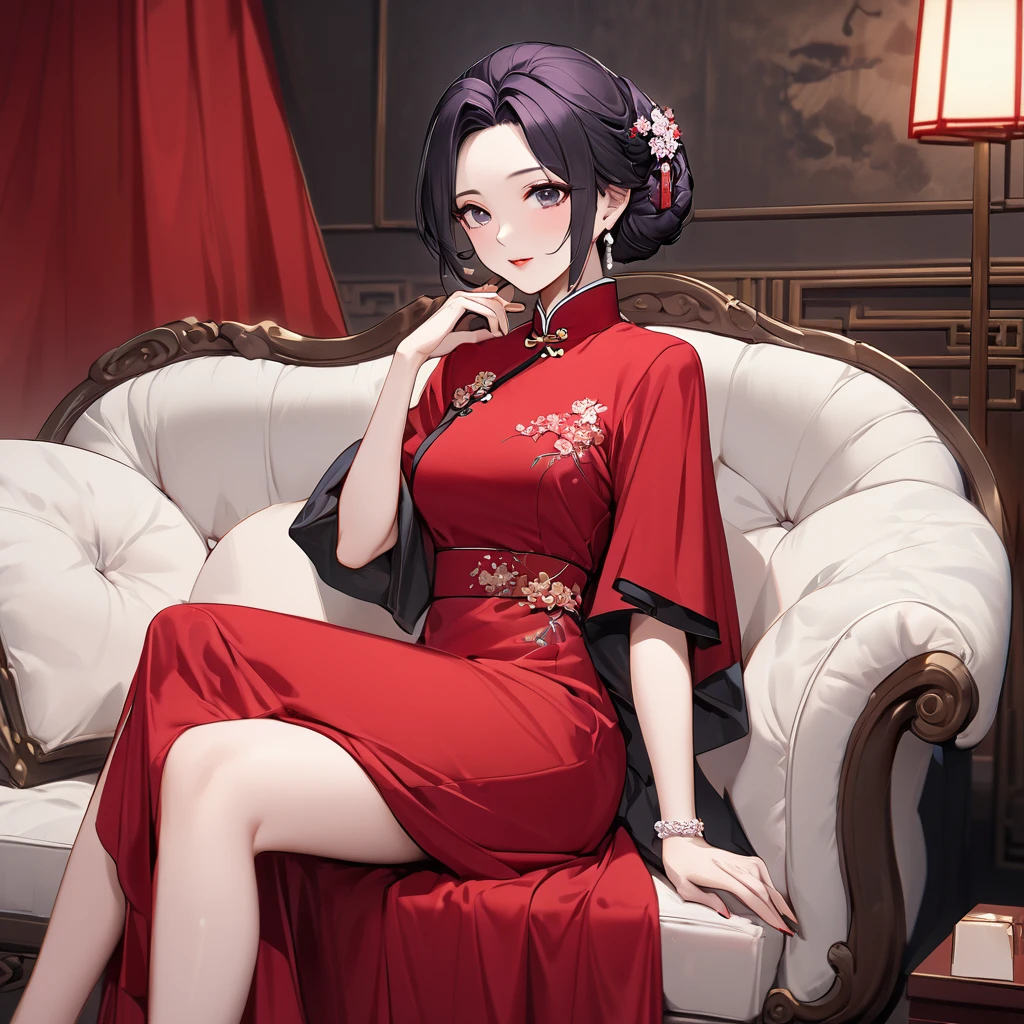 ((Highest quality)), ((masterpiece)), (detailed), (Perfect Face)、The woman is a Chinese woman named Kocho Shinobu.。, Purple gradient bob black hair and formal evening hairstyles. She is wearing an engagement ring. She is a prominent member of the Chinese Communist Party.、She is the wife of a great old Communist Party official.、The woman is beautifully dressed in a gorgeous and glamorous red dress typical of the Chinese Communist Party.、A poised and elegant Chinese lady sitting on a plush sofa in a luxurious room