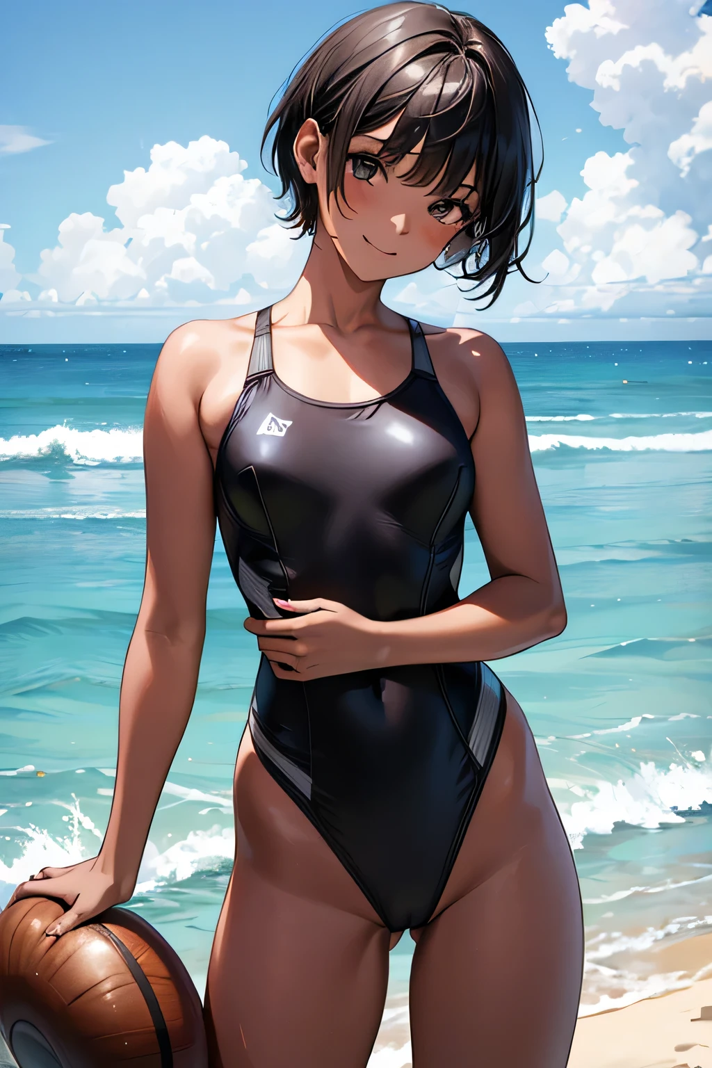 Ocean,Young Woman,Height 175cm,Small Head,The best smile,short hair,Black Hair,black eye,White swimsuit,Chocolate brown skin