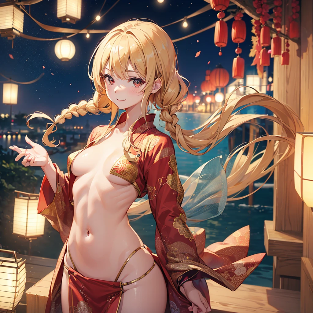(8k, RAW Photo, Top Quality, Refined Details, Masterpiece: 1.2), (High Definition 8k Wallpaper), Sharp Focus, Professional Lighting, Depth of Field, Cinematic Lighting, Background Blur, BREAK (1girl:1.2), cute face, Japanese Festival,yukata, blonde, curly hair, braids, slender line, slim body, (seductive smile: 1.2), golden ratio, slouching, (small breasts: 1.4),