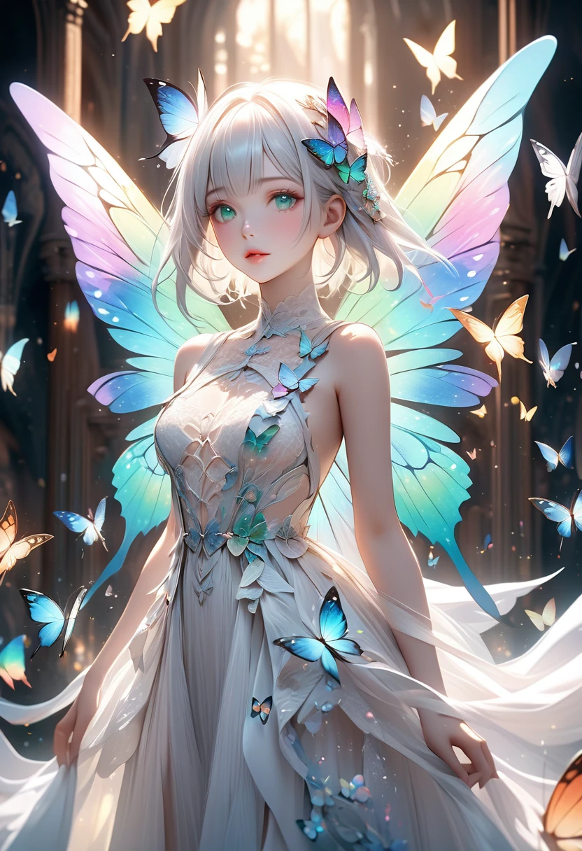 Fantasy CG art.A portrait of a girl painted in fantastical pale colors.(Pale, dreamy colors:1.5),The girl has beautiful short white hair and a green butterfly hair ornament on her head.With clear features, beautiful eyes and lips,Wonderful beautiful skin texture,My chest is a little big,Standing alone in a fantastical space wearing a gorgeous white lace dress,Shining and fantastic A background with lots of butterflies fluttering about,The girl is surrounded by beautiful butterflies with rainbow-colored holographic wings.Cowboy Shot,High quality, (masterpiece, best quality, 4k, 8k:1.5),Ultra detail,Physically based rendering, ultra-fine painting, dramatic lighting, fantasy worlds, professional photography, award-winning,
