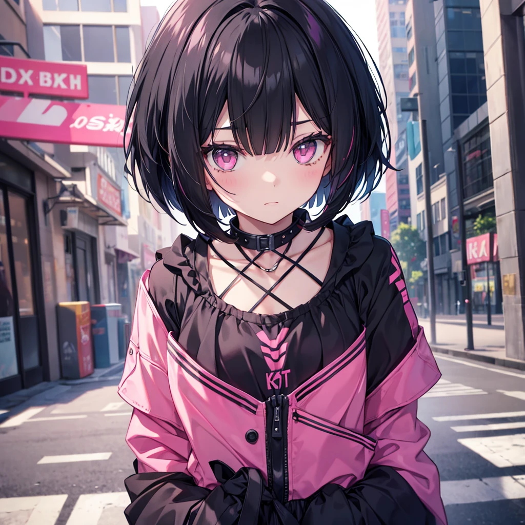 black hair, pink clothes, girl, (((solo, bob kat))), adult, gothic
