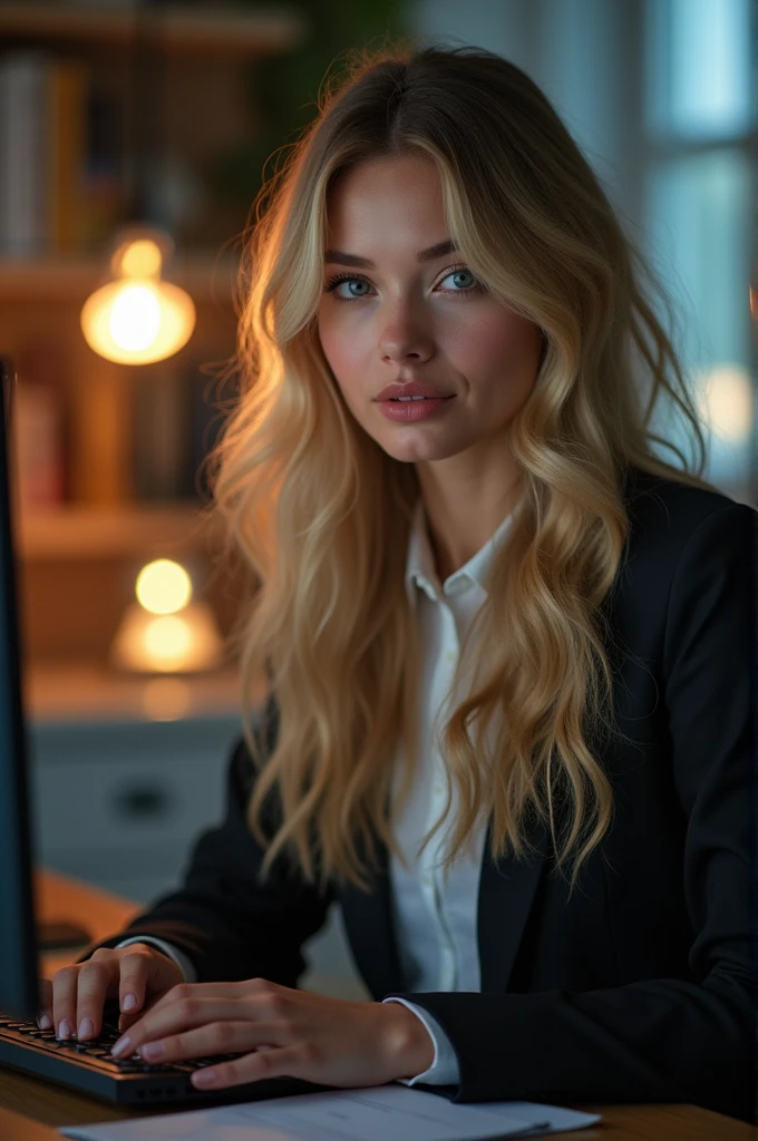 a beautiful girl with long blonde hair, detailed eyes, nose, and lips, wearing professional outfit, siting in her office, using her HP computer, (best quality,4k,8k,highres,masterpiece:1.2),ultra-detailed,(realistic,photorealistic,photo-realistic:1.37),HDR,studio lighting,extremely detailed face and body, portrait,cinematic lighting,dramatic lighting,warm color tones,dramatic colors
