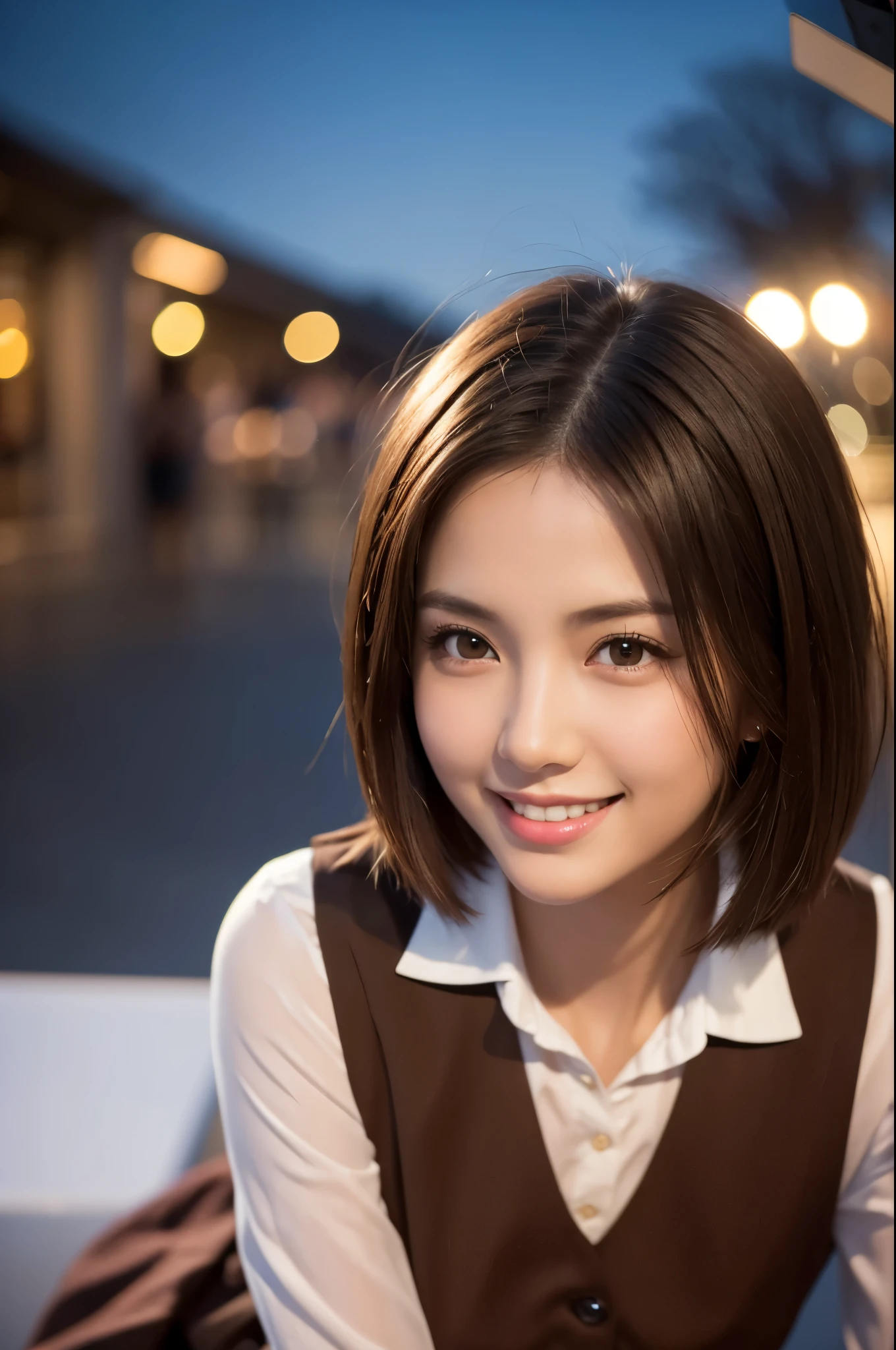 8k, RAW Photos, Highest quality, Tabletop: 1.2), (Realistic, Photorealistic: 1.37), Very detailed, 1 high school girl, Super Beauty(Like the real thing), alone, Beautiful detailed sky, Detailed Coffee, night, Sitting in the store, (Big smile: 1.1), Long brown hair Medium chest, Beautiful detailed eyes, (Collared shirt: 1.1), A bow tie, Pleated skirt, (short hair: 1.2), Long Hair, Beautiful expression Ultra-high resolution,Ultra-Realistic Skin,masterpiece,Highest qualityのPhotorealisticなRAW Photos。Bright colors,Rich colors, Backlight, Cinema Lighting, Film Grain, 50mm lens, Nikon D850,Beautiful expression,Fantasy art,Character Art,View your viewers,Top view,,Accentuate your cleavage,