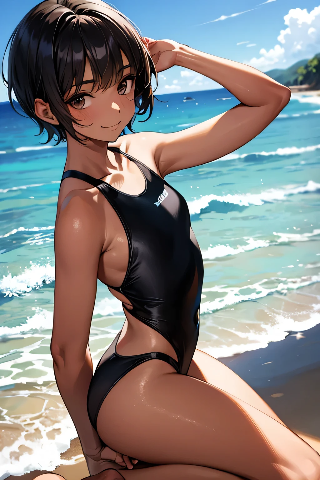 Ocean，Young Woman，Height 175cm，Small Head，The best smile，short hair，Black Hair，black eye，(White swimsuit)，(Chocolate brown skin)