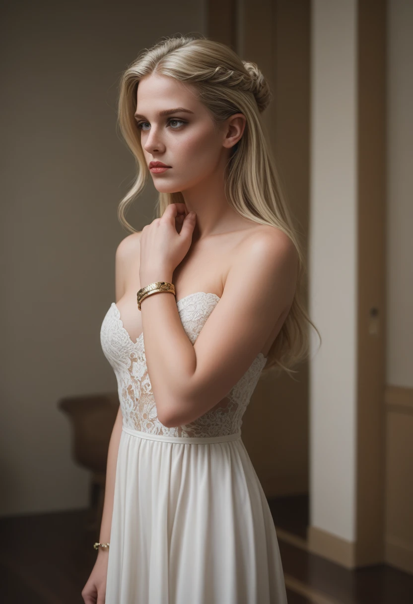 beautiful 23 year old blonde girl, standing alone, no-makeup, , new, Caucasian skin, imperfect skin, totalmente new, shy, recover face details, textura de pele realista, necklase, bracelet, fot, snapshot, standing, Big room, ombre, Look away, new, perfectbody