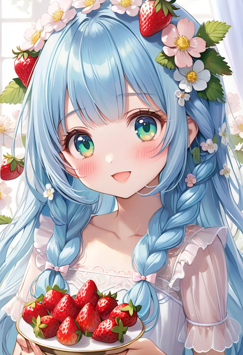 masterpiece, best quality, extremely detailed, (illustration, official art:1.1), 1 girl ,(((( light blue long hair)))), ,(((( light blue long hair)))),light blue hair, , long hair ((blush)) , cute face, big eyes, masterpiece, best quality,(((((a very delicate and beautiful girl))))),Amazing,beautiful detailed eyes,blunt bangs((((little delicate girl)))),tareme(true beautiful:1.2), sense of depth,dynamic angle,,,, affectionate smile, (true beautiful:1.2),,(tiny 1girl model:1.2),)(flat ), a girl anime girl with lots of light blue hair and strawberries around her, 1girl, green eyes, solo, green hair, braid, twin braids, flower, long hair, dress, hair ornament, smile, short sleeves, looking at viewer, food, hair flower, blush, strawberry hair ornament, frills, open mouth,((Incredibly detailed), #3b4195 background, stunning flowers, juicy berries, lush ferns, vibrant leaves, serene watercolor pattern), (Impressive watercolor texture), ((1 girl),  cute, hide hand)、Chocolate on strawberries、(((Chocolate,Melting chocolate frame )))