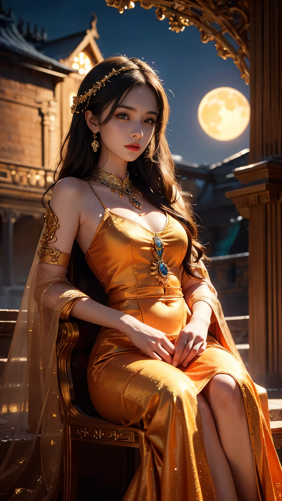 8K ultra hd, masterpiece,1 girl, ((realistic face)), detailed eyes, ((very long hair)), flowing hair, small breasts, royal dress, decorated dress, orange dress, anitque jwellery, detailed lacing, flowing cape, bare navel, moon light, amazing night outdoor, spot lights, glowing lights, depth of field, ray tracing, bloom, realistic shadow, tyndal effect, spreding, lights, looking at the audience, attractive pose, sitting,