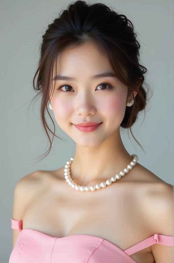 beautiful korean female in a pink dress, wearing a pearl necklace, a photo of her upper body and face with her hair in an updo style.