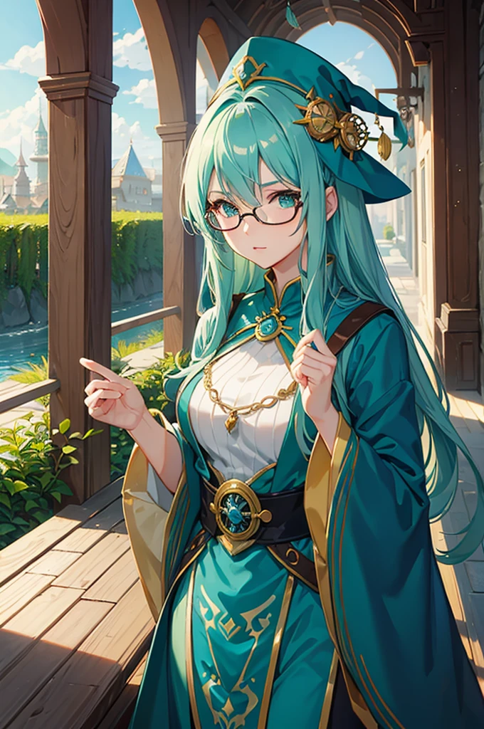 woman, aqua hair, mage style, mage clothes, mage hat, 30 years old, sage, glasses
