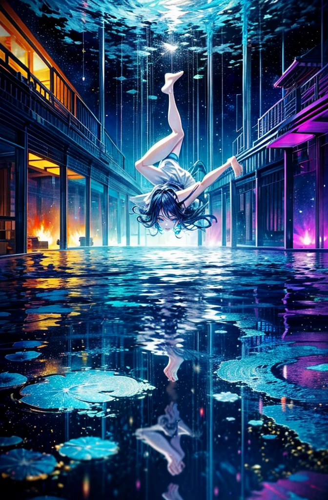 A highly detailed illustration of a character doing a handstand, set against a vibrant and dynamic background. The character should have a confident and energetic expression, with their body fully extended and balanced on their hands. such as hair and clothing flowing naturally with gravity.(spa space.hot spring:1.5)(The upper body is submerged in water)(Water surface reflection:1.5)(hot springから2人の逆さまの脚だけが飛び出ている♨️:1.5)(Highly detailed and beautifully oriented legs:1.5)(A monster reflected on the water surface:1.5)