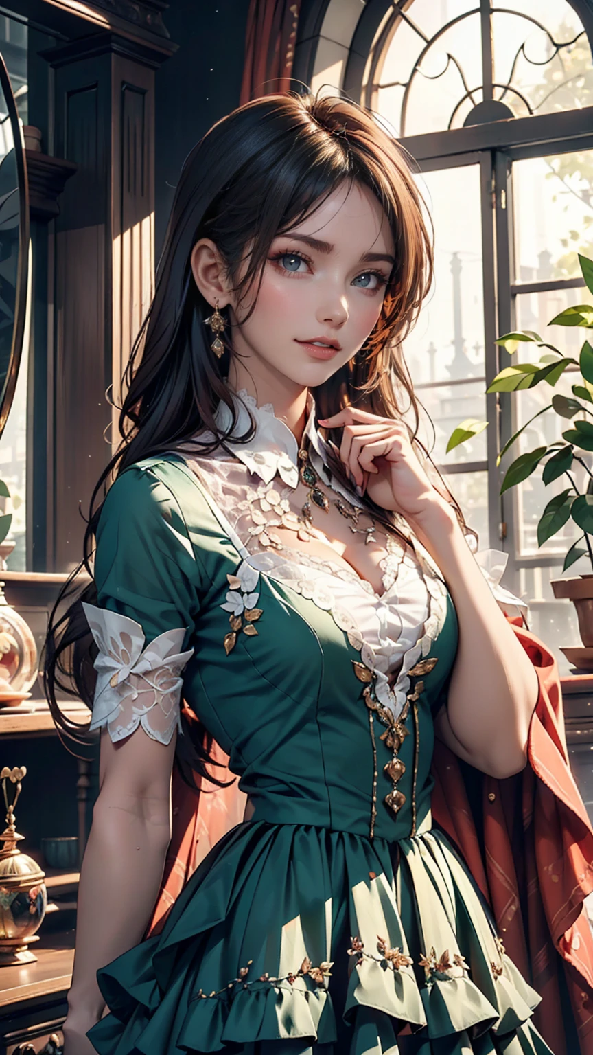 ((high quality work)), The writing is clear and concise, The green dress and the beautiful pleated lace complement each other., Enriching the layered feel of the entire picture, The elegant Edwardian lace dress and princess skirt add a lot of charm to the character., Gesture of turning the back of the hand , It also expresses the gentle and elegant side of women..