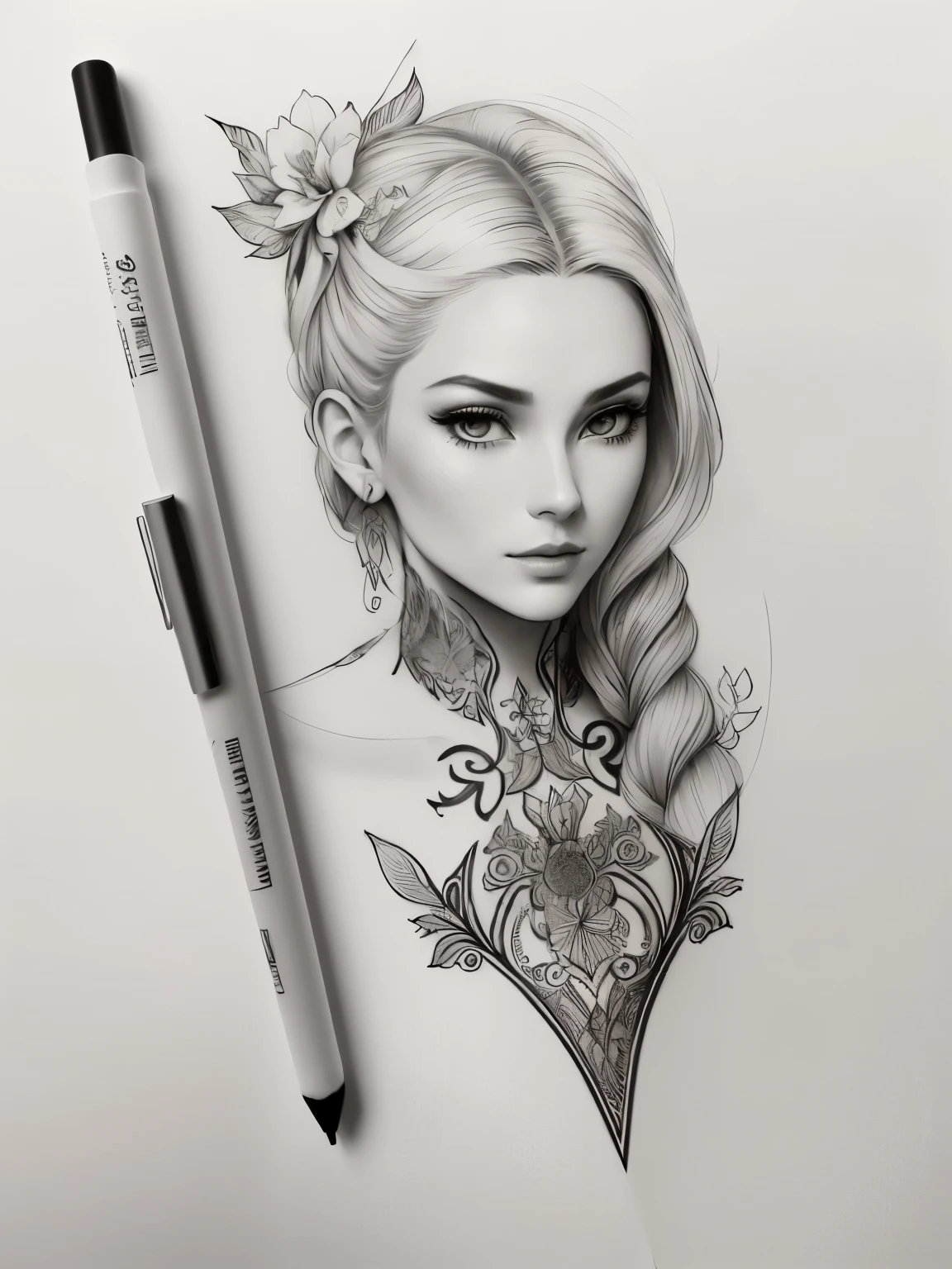 Drawing of a lady with a flower in her hair, Detailed 4k drawings, Detailed portrait of a beautiful woman, Beautiful portrait, amazing, Detailed drawings, Epic pencil illustrations, Beautiful pictures, Detailed sketch drawing, black and white Detailed sketch, Detailed sketch, Detailed digital drawing, Detailed Matte Fantasy Portrait, 4K. Detailed drawings, Meticulous woman, Delicate female face