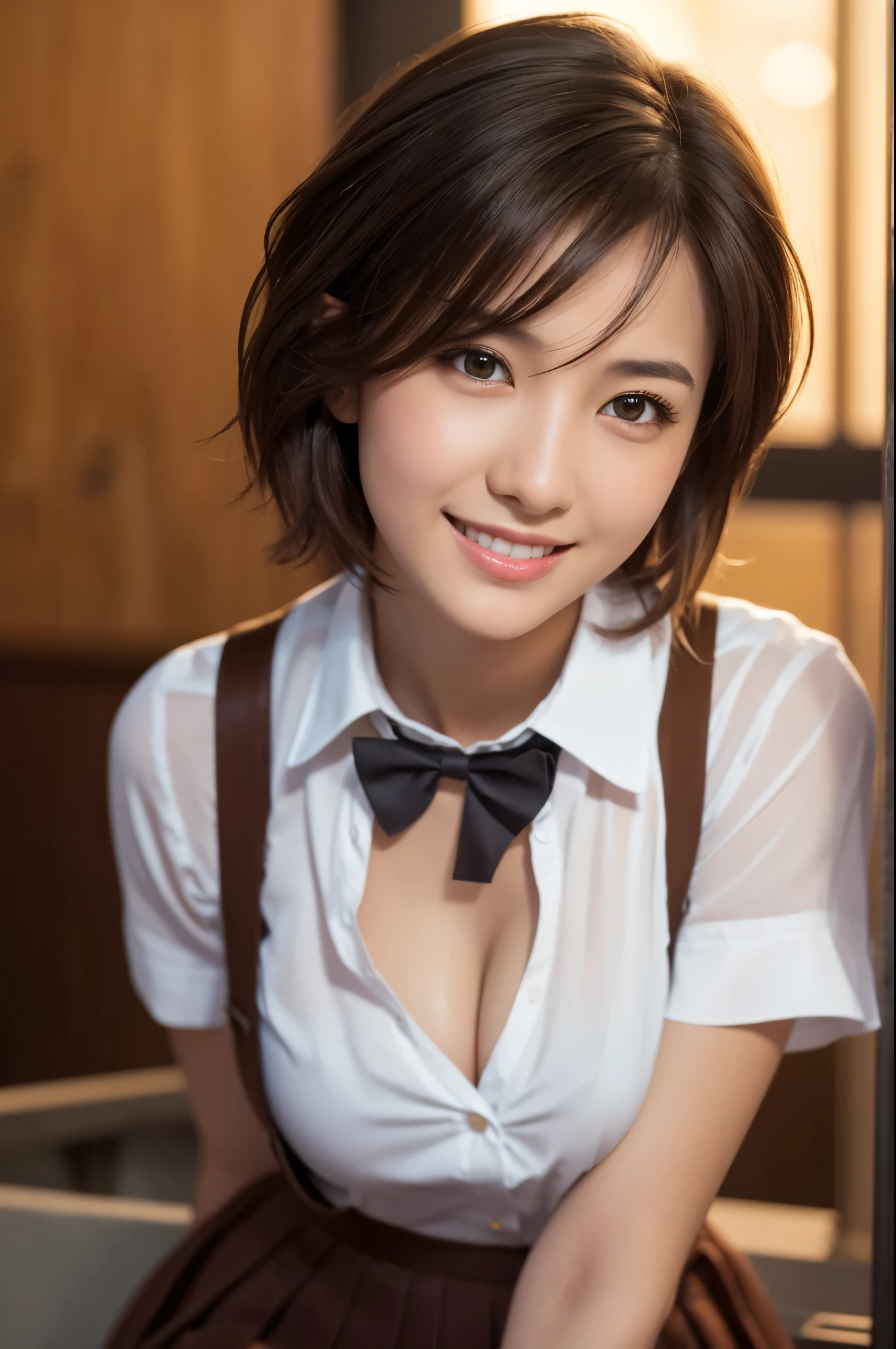 8k, RAW Photos, Highest quality, Tabletop: 1.2), (Realistic, Photorealistic: 1.37), Very detailed, 1 high school girl, Super Beauty(Like the real thing), alone, Beautiful detailed sky, Detailed Coffee, night, Sitting in the store, (Big smile: 1.1), Long brown hair Medium chest, Beautiful detailed eyes, (Collared shirt: 1.1), A bow tie, Pleated skirt, (short hair: 1.2), Long Hair, Beautiful expression Ultra-high resolution,Ultra-Realistic Skin,masterpiece,Highest qualityのPhotorealisticなRAW Photos。Bright colors,Rich colors, Backlight, Cinema Lighting, Film Grain, 50mm lens, Nikon D850,Beautiful expression,Fantasy art,Character Art,View your viewers,Top view,,Accentuate your cleavage,