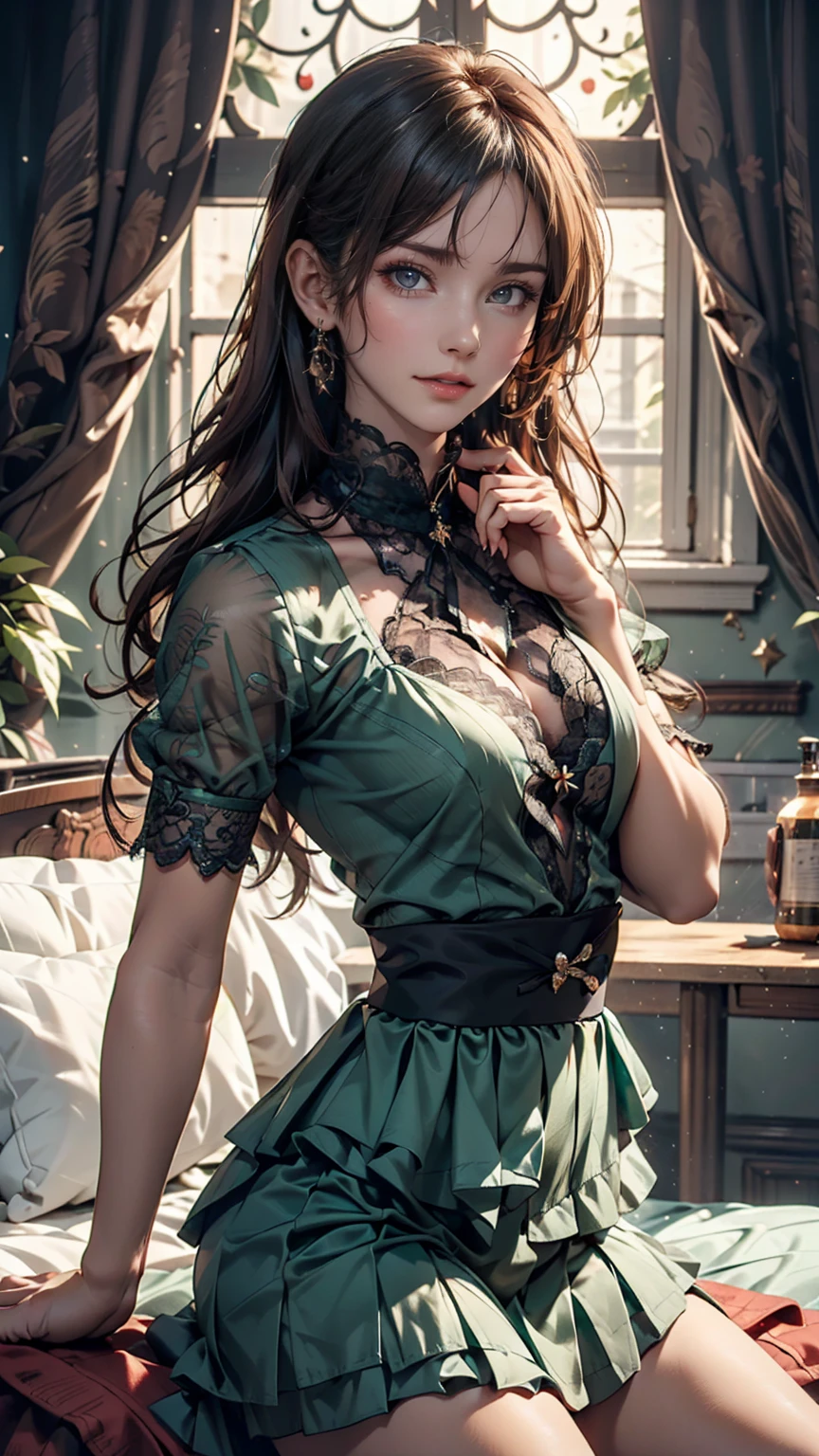 ((high quality work)), The writing is clear and concise, The green dress and the beautiful pleated lace complement each other., Enriching the layered feel of the entire picture, The elegant Edwardian lace dress and princess skirt add a lot of charm to the character., Gesture of turning the back of the hand , It also expresses the gentle and elegant side of women..