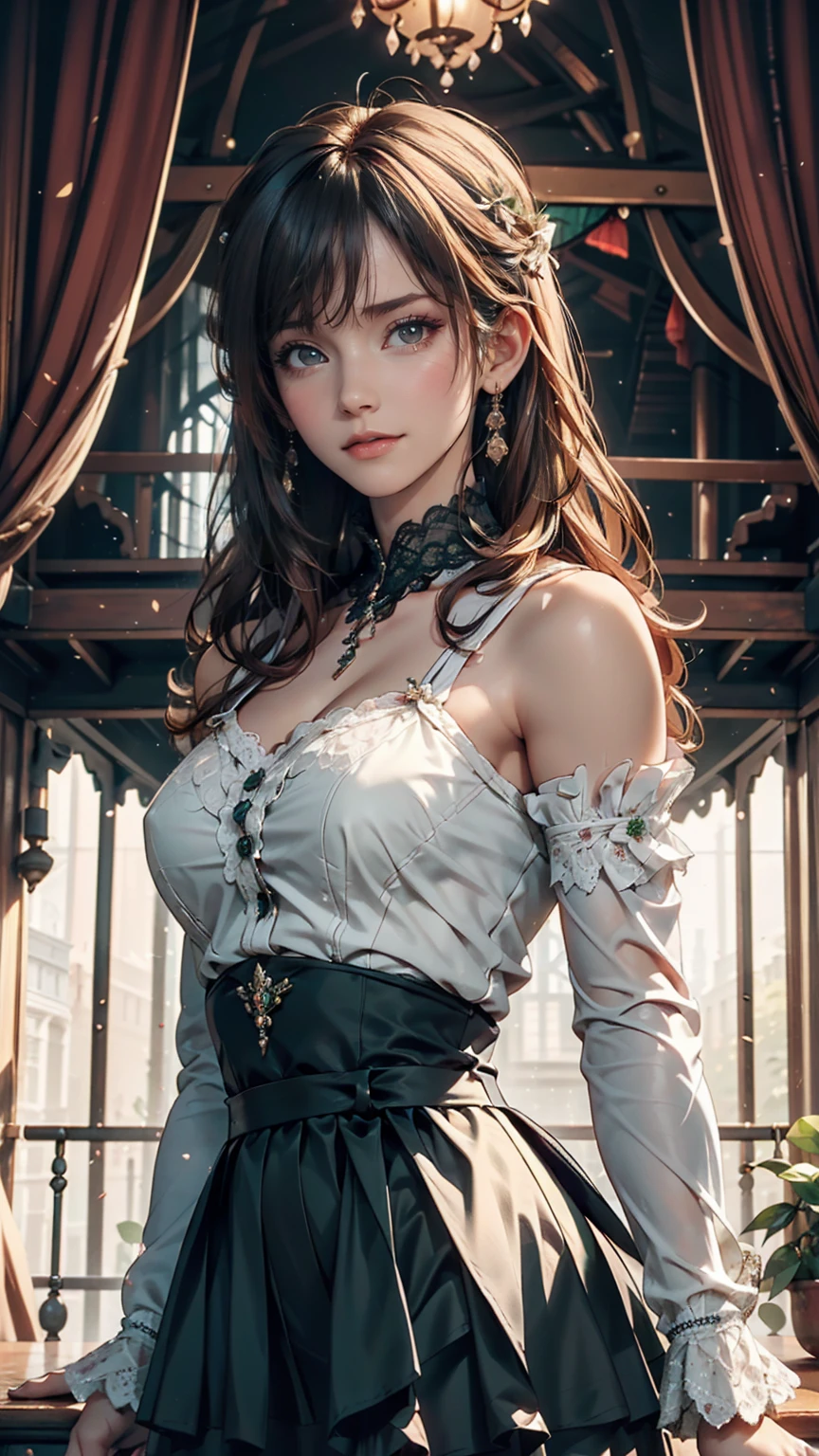((high quality work)), The writing is clear and concise, The green dress and the beautiful pleated lace complement each other., Enriching the layered feel of the entire picture, The elegant Edwardian lace dress and princess skirt add a lot of charm to the character., Gesture of turning the back of the hand , It also expresses the gentle and elegant side of women..