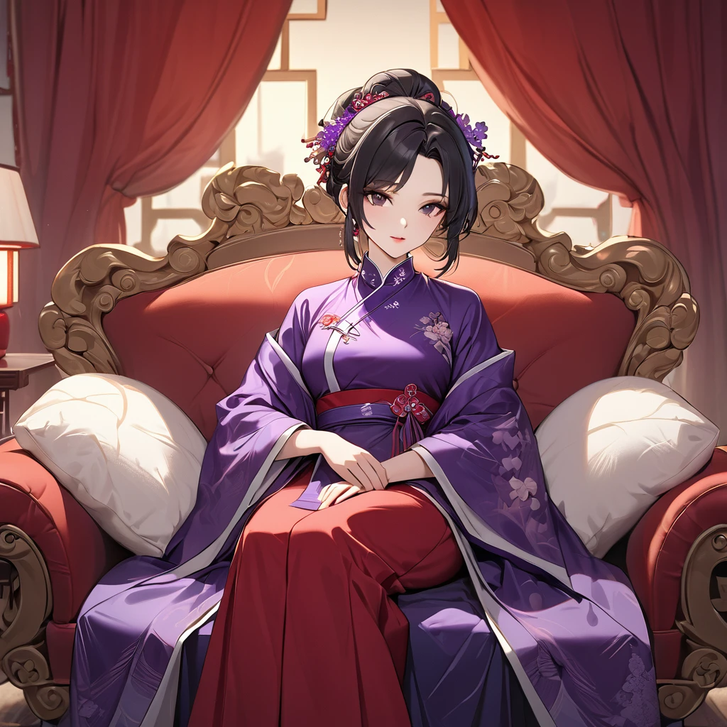 ((Highest quality)), ((masterpiece)), (detailed), (Perfect Face)、The woman is a Chinese woman named Kocho Shinobu.。, Purple gradient bob black hair and formal evening hairstyles. She is wearing an engagement ring. She is a prominent member of the Chinese Communist Party.、She is the wife of a great old Communist Party official.、The woman is beautifully dressed in the gorgeous and gorgeous red Hanfu that is typical of the Chinese Communist Party.、A poised and elegant Chinese lady sitting on a plush sofa in a luxurious room