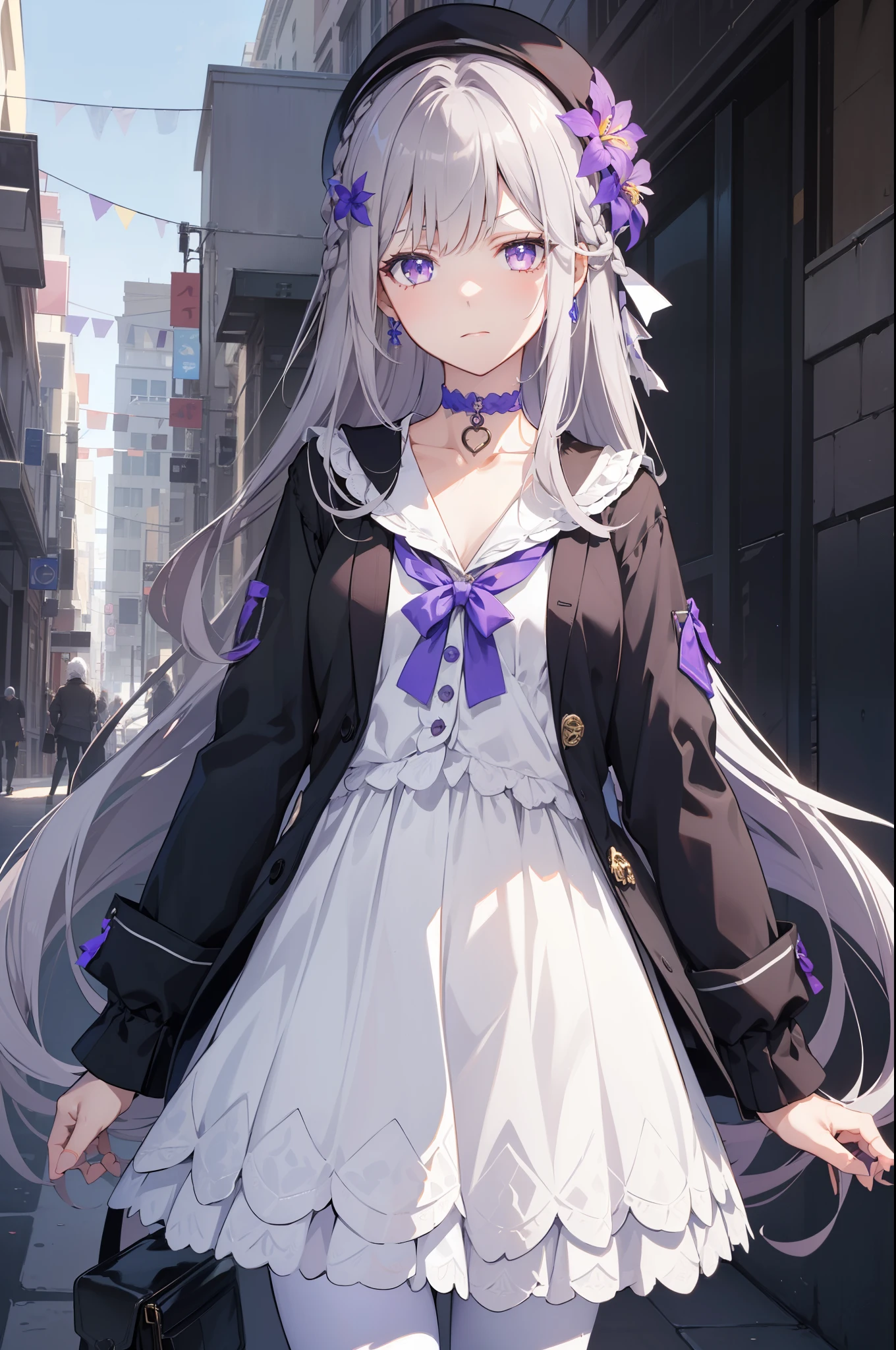 (best quality:1.3), (masterpiece:1.3), (illustration:1.3), (ultra-detailed:1.3), 1girl, herta, (young, short, small breats), (purple eyes), (((white hair))), hair ornaments, tall, mature, long hair, ((casual wear, choker, cardigan, white skirt, modern,)) elegant, city, hair ornament, french braids, nice hands, perfect hands, mature, serious expression, angry expression, beret, white pantyhose, purse, purple flower hair ornament,