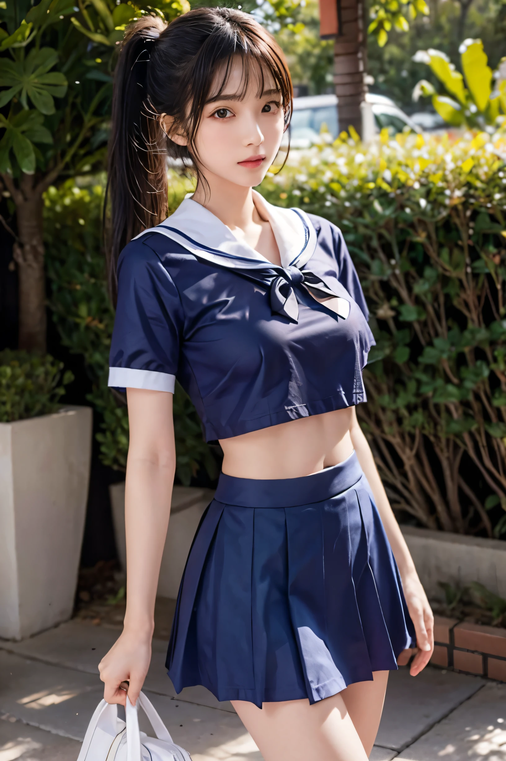(Ultra HD), (Short-sleeved sailor uniform, Navy blue mini skirt), Big Breasts, slender, Narrow waist, belly button, whole body, Standing posture, (Clean and shiny skin, Whitening, No makeup), (Super slim face, Super beautiful face), (ponytail, Layered Cut, Fluffy hair), (double eyelid, Slanted Eyes), Small Nose, Thin lips, Thin legs, In front of the school gate