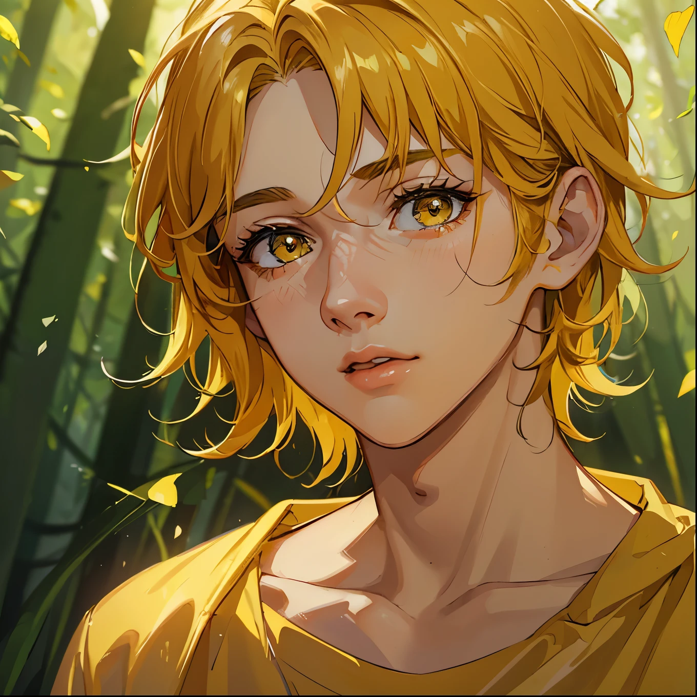 a boy wearing a yellow t-shirt, standing in a yellow-hued forest with warm lighting,extremely detailed face and eyes, beautiful detailed lips, long eyelashes, intricate details, photorealistic, 8k, high quality, natural lighting, cinematic lighting, lush greenery, vibrant colors, serene atmosphere