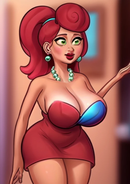 Masterpiece by MmyLnglgs, best qualityer, breasts big, greeneyes, blue pearl necklace, pink dress, red lipgloss stick 