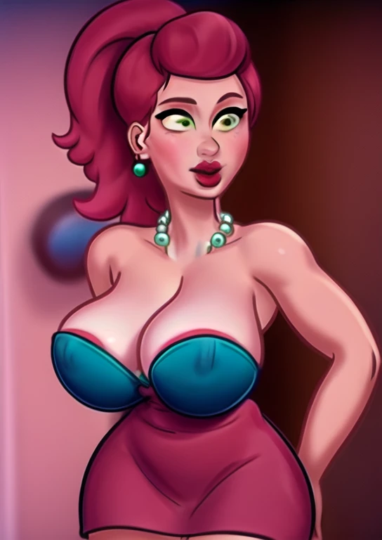 Masterpiece by MmyLnglgs, best qualityer, breasts big, greeneyes, blue pearl necklace, pink dress, red lipgloss stick