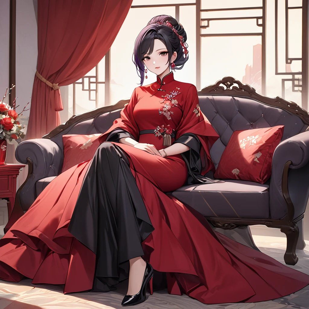 ((Highest quality)), ((masterpiece)), (detailed), (Perfect Face)、The woman is a Chinese woman named Kocho Shinobu.。, Purple gradient bob black hair and formal evening hairstyles. She is wearing an engagement ring. She is a prominent member of the Chinese Communist Party.、She is the wife of a great old Communist Party official.、The woman is beautifully dressed in a gorgeous and glamorous red dress typical of the Chinese Communist Party.、A poised and elegant Chinese lady sitting on a plush sofa in a luxurious room