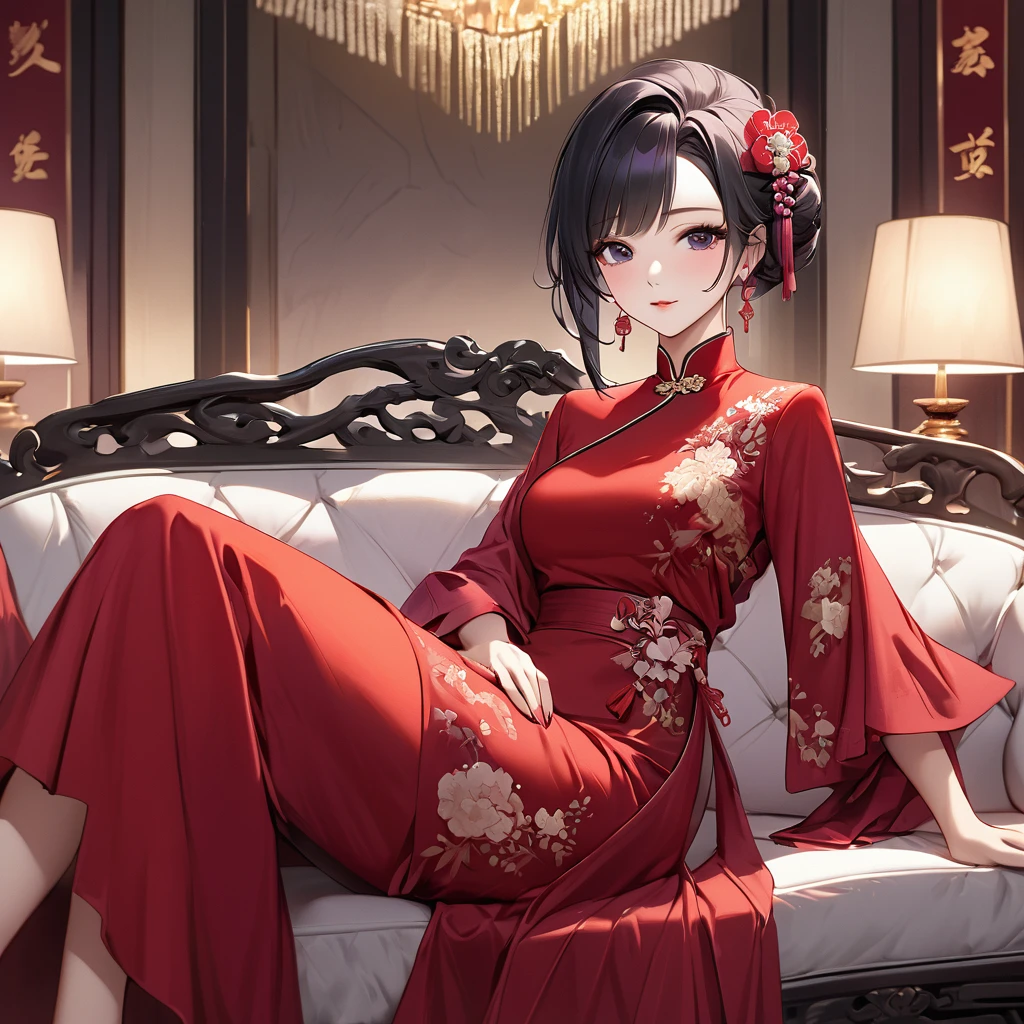 ((Highest quality)), ((masterpiece)), (detailed), (Perfect Face)、The woman is a Chinese woman named Kocho Shinobu.。, Purple gradient bob black hair and formal evening hairstyles. She is wearing an engagement ring. She is a prominent member of the Chinese Communist Party.、She is the wife of a great old Communist Party official.、The woman is beautifully dressed in a gorgeous and glamorous red dress typical of the Chinese Communist Party.、A poised and elegant Chinese lady sitting on a plush sofa in a luxurious room