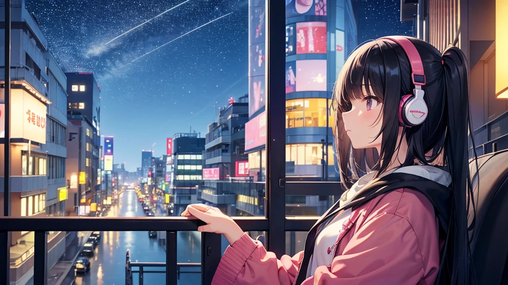 Traveling Inside the Zoo。A young girl with black hair wearing stylish clothes and headphones labeled "Lo-Fi" The girl is shown in profile, gazing into the distance with a calm, relaxed expression Background depicts the iconic scenery of Namba, Osaka at night, without any text on signs A starry night sky adding to the peaceful atmosphere Overall mood is quiet and serene, perfect for Lo-Fi music Detailed hair rendering and careful attention to the girl's fashionable outfit The entire scene should evoke a relaxing, introspective feeling associated with Lo-Fi music
