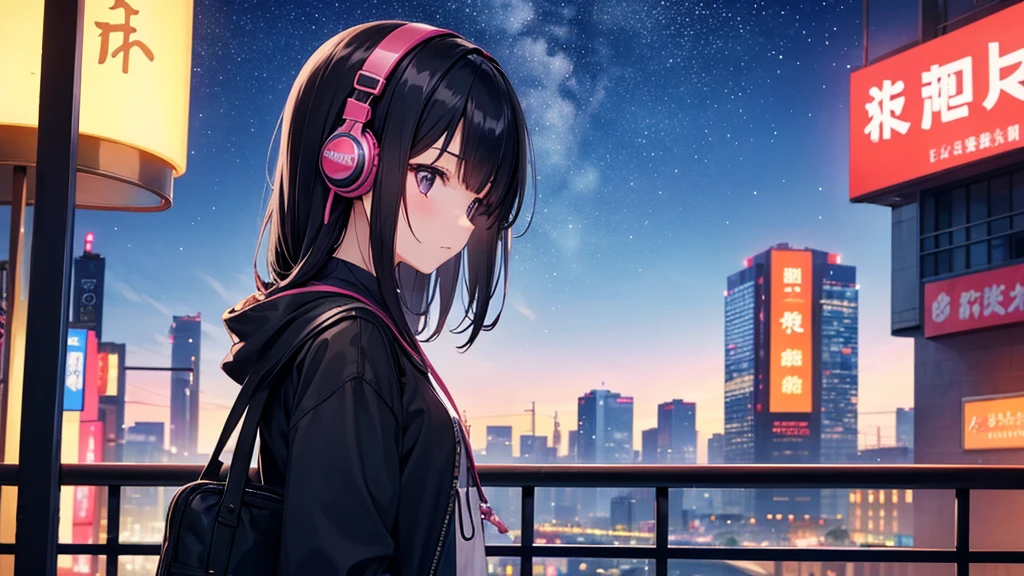 Traveling Inside the Zoo。A young girl with black hair wearing stylish clothes and headphones labeled "Lo-Fi" The girl is shown in profile, gazing into the distance with a calm, relaxed expression Background depicts the iconic scenery of Namba, Osaka at night, without any text on signs A starry night sky adding to the peaceful atmosphere Overall mood is quiet and serene, perfect for Lo-Fi music Detailed hair rendering and careful attention to the girl's fashionable outfit The entire scene should evoke a relaxing, introspective feeling associated with Lo-Fi music
