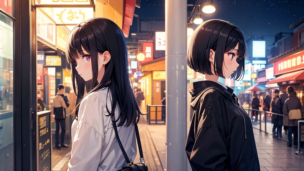 Traveling Inside the Zoo。A young girl with black hair wearing stylish clothes and headphones labeled "Lo-Fi" The girl is shown in profile, gazing into the distance with a calm, relaxed expression Background depicts the iconic scenery of Namba, Osaka at night, without any text on signs A starry night sky adding to the peaceful atmosphere Overall mood is quiet and serene, perfect for Lo-Fi music Detailed hair rendering and careful attention to the girl's fashionable outfit The entire scene should evoke a relaxing, introspective feeling associated with Lo-Fi music