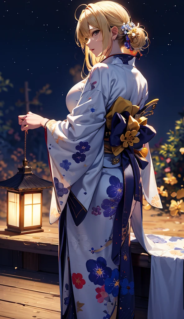 masterpiece, high quality, 4K, Beautiful design, silhouette,blonde, 非常に詳細な夜のStarry Sky,Flower Field, wonderful, Finer details, Very knowledgeable woman, Highly detailed solo, 1 female,Big Breasts,Butt Emphasis,Yukata in white color,Night view,Starry Sky,full moon,How to sit,Tsukimi sake,Evening drinks,