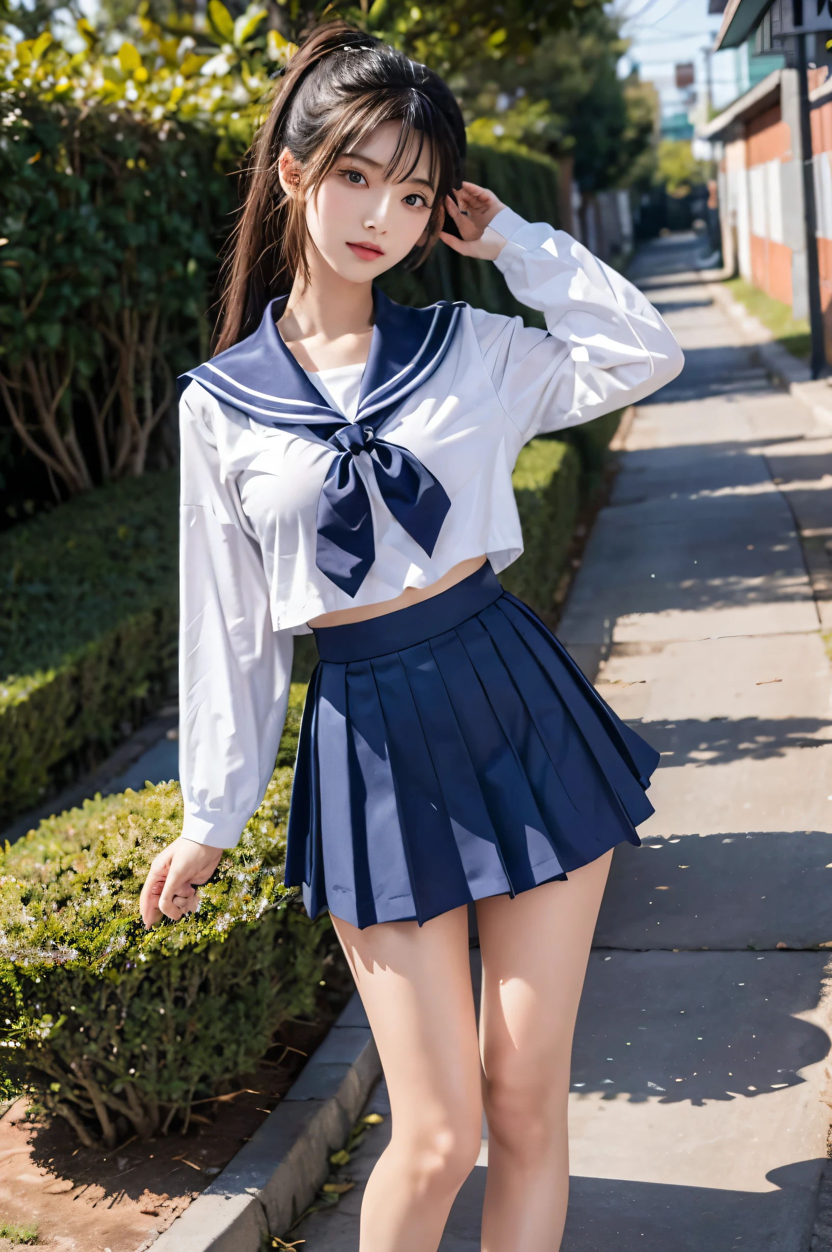 (Ultra HD), (8/10 Sleeve Sailor Uniform, Navy blue mini skirt), Big Breasts, slender, Narrow waist, whole body, Standing posture, (Clean and shiny skin, Whitening, No makeup), (Super slim face, Super beautiful face), (ponytail, Layered Cut, Fluffy hair), (double eyelid, Slanted Eyes), Small Nose, Thin lips, Thin legs, In front of the school gate