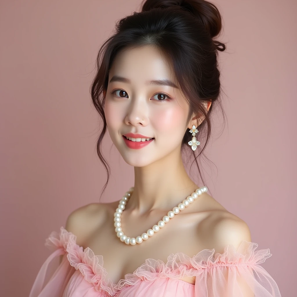 Wearing a pink dress、Beautiful Korean woman wearing a pearl necklace，Photos of her upper body and face，Hair in a high bun。