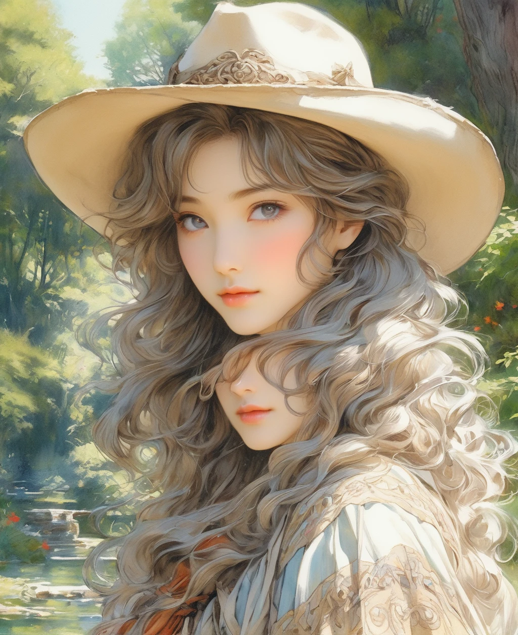 niji style, best quality, masterpiece, ultra detailed, cowboy shot, flowing, 3dmm, ink sketch, color ink, ink rendering, 
1girl, beautiful detailed eyes, (alternate hairstyle), ultra detailed hair, graceful, (charming), (delicate), (pretty), (cute), in Ghibli park, (fantasy),
character in the center of the frame, looking at viewer,
