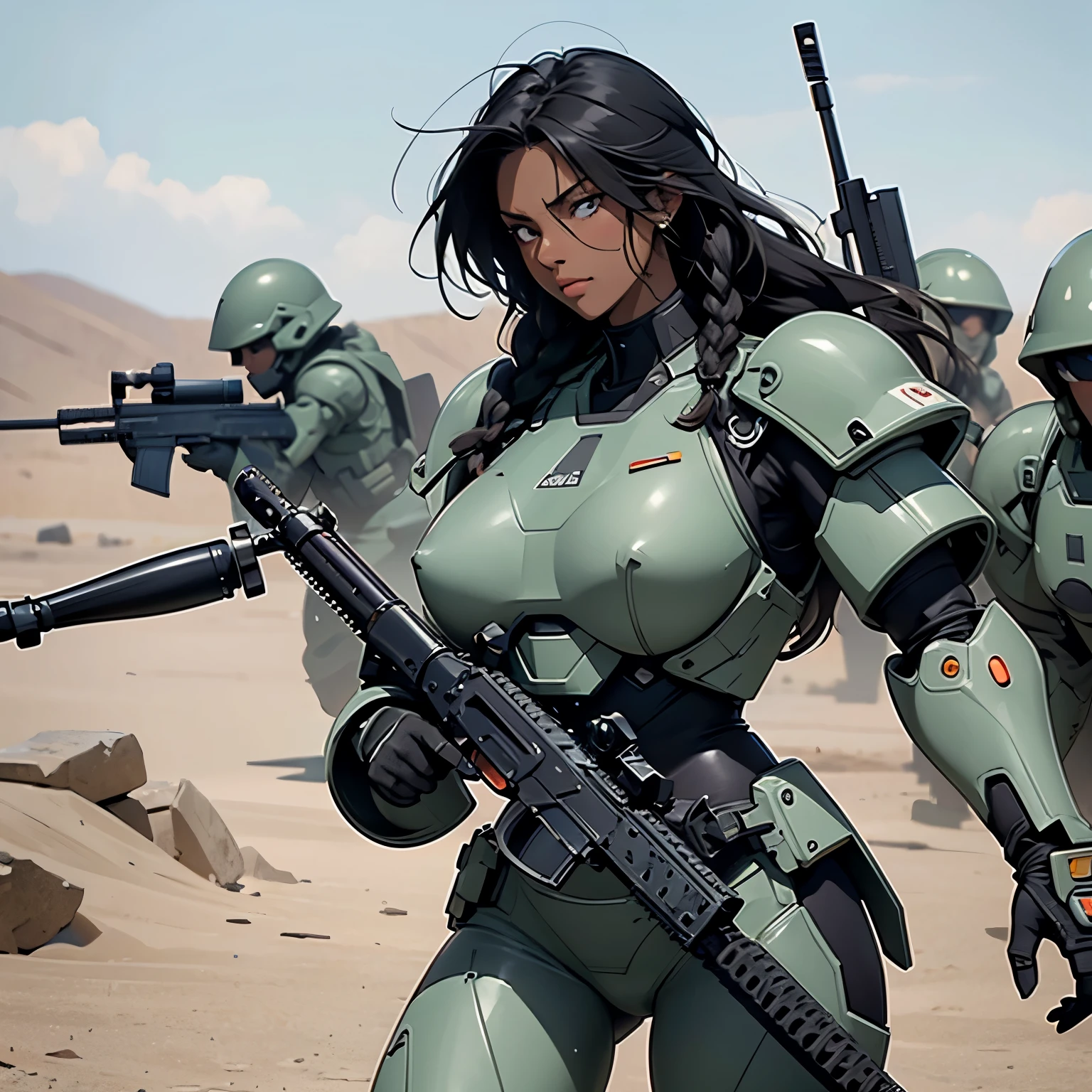 nsfw, anime screencap, 16K, perfect anatomy proportion body, perfect hands, action, A dynamic composition with a sense of speed and movement, (Hold an assault rifle:1.6), a wife, 40age, perfect beautiful delicate sexy face, perfect beautiful delicate eyes, braid-in-braid black hair, (dark skin:1.6), huge breasts, Camouflage colored heavy armor robotic steam engine full armor powered suit, Many robot soldiers having a gunfight in the background, Flying bullets, Desert Battlefield, war, cyber punk,