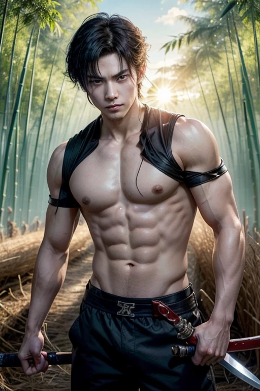 A hot-ed boy with a strong sense of justice。Holding a Nichirin sword、Rin fighting demons々With a serious expression、In the landscape where the morning sun shines、Show a kind smile。The background is a bamboo forest and sunrise.、A powerful and hopeful atmosphere。