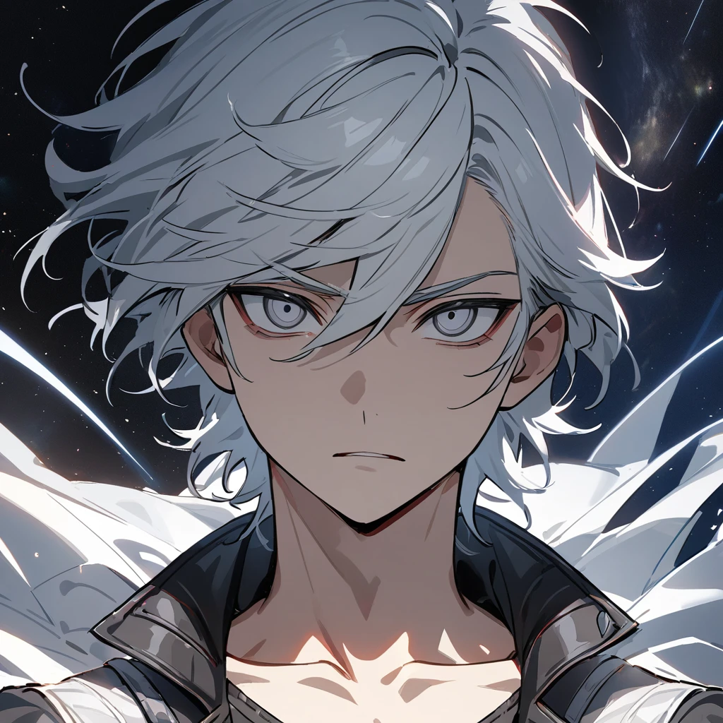 High quality, HD, 4k, no shadows, handsome male, 1male, 17 years old, teenager, short white hair, silver hair, white hair, sharp eyes, dark grey colored eyes, deep grey eyes, dark grey eyes, devil may cry, close up, calm expression, stoic expression, black leather clothes, white leather clothing, lean body, well trained body, upper body, looking at viewer, cowboy shot, white solar, space background