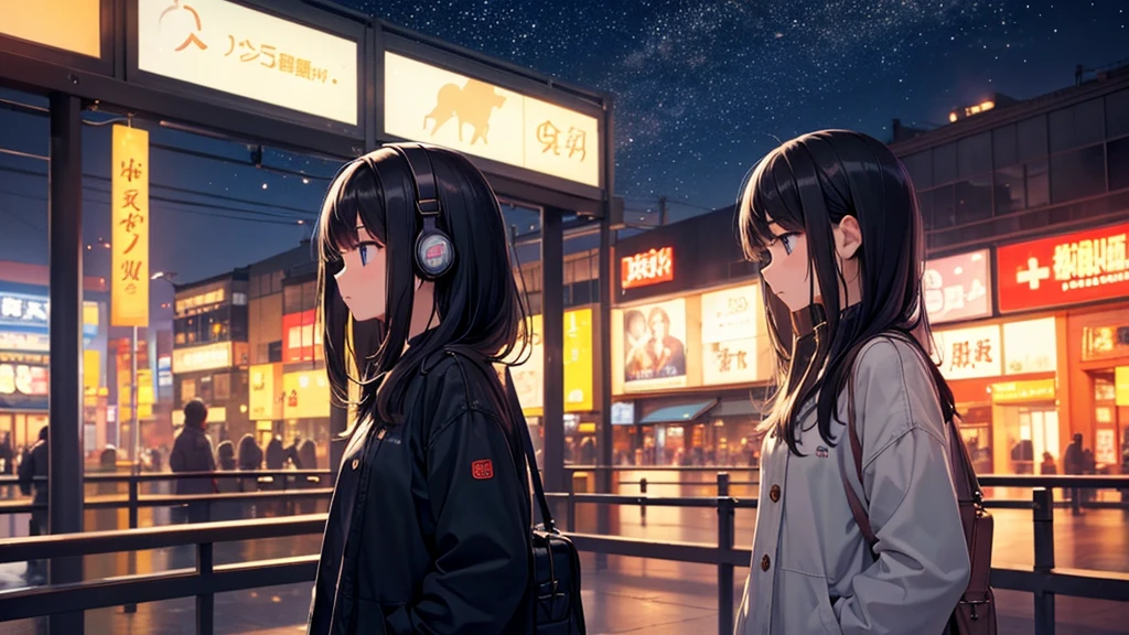 Traveling Inside the Zoo。A young girl with black hair wearing stylish clothes and headphones labeled "Lo-Fi" The girl is shown in profile, gazing into the distance with a calm, relaxed expression Background depicts the iconic scenery of Namba, Osaka at night, without any text on signs A starry night sky adding to the peaceful atmosphere Overall mood is quiet and serene, perfect for Lo-Fi music Detailed hair rendering and careful attention to the girl's fashionable outfit The entire scene should evoke a relaxing, introspective feeling associated with Lo-Fi music