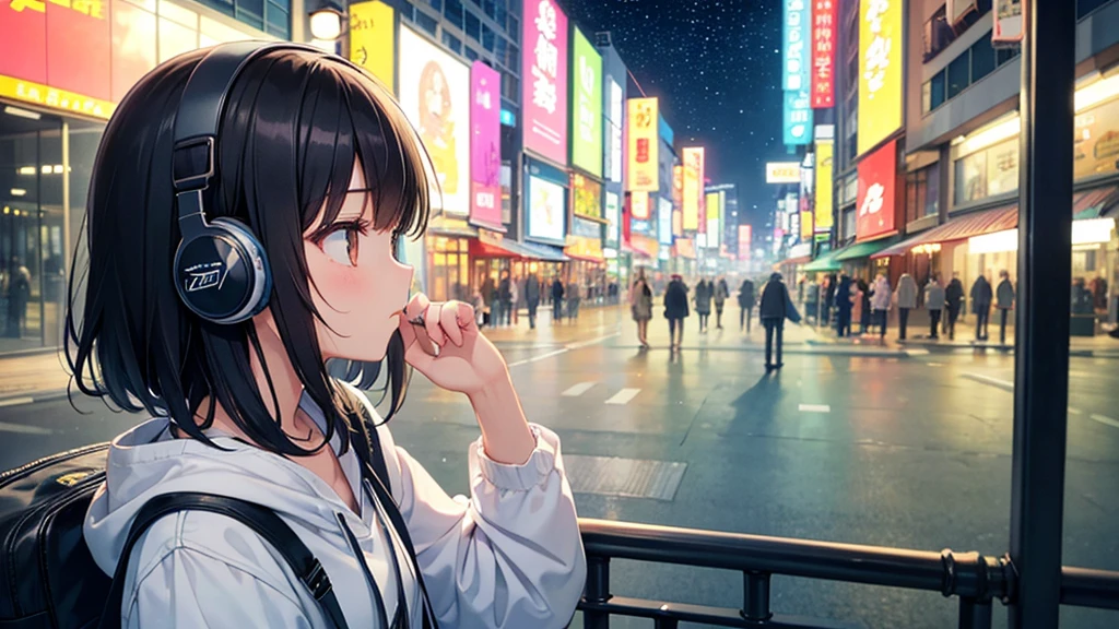 Traveling Inside the Zoo。A young girl with black hair wearing stylish clothes and headphones labeled "Lo-Fi" The girl is shown in profile, gazing into the distance with a calm, relaxed expression Background depicts the iconic scenery of Namba, Osaka at night, without any text on signs A starry night sky adding to the peaceful atmosphere Overall mood is quiet and serene, perfect for Lo-Fi music Detailed hair rendering and careful attention to the girl's fashionable outfit The entire scene should evoke a relaxing, introspective feeling associated with Lo-Fi music