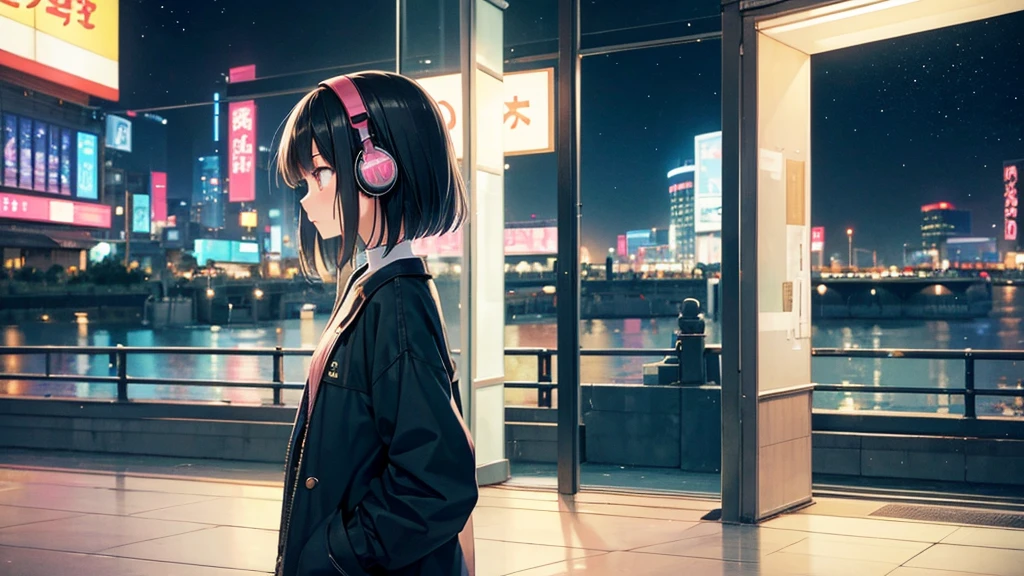 Traveling Inside the Zoo。A young girl with black hair wearing stylish clothes and headphones labeled "Lo-Fi" The girl is shown in profile, gazing into the distance with a calm, relaxed expression Background depicts the iconic scenery of Namba, Osaka at night, without any text on signs A starry night sky adding to the peaceful atmosphere Overall mood is quiet and serene, perfect for Lo-Fi music Detailed hair rendering and careful attention to the girl's fashionable outfit The entire scene should evoke a relaxing, introspective feeling associated with Lo-Fi music