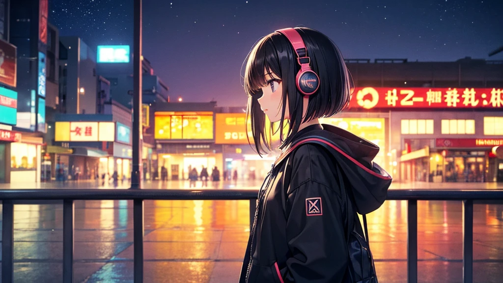 Traveling Inside the Zoo。A young girl with black hair wearing stylish clothes and headphones labeled "Lo-Fi" The girl is shown in profile, gazing into the distance with a calm, relaxed expression Background depicts the iconic scenery of Namba, Osaka at night, without any text on signs A starry night sky adding to the peaceful atmosphere Overall mood is quiet and serene, perfect for Lo-Fi music Detailed hair rendering and careful attention to the girl's fashionable outfit The entire scene should evoke a relaxing, introspective feeling associated with Lo-Fi music