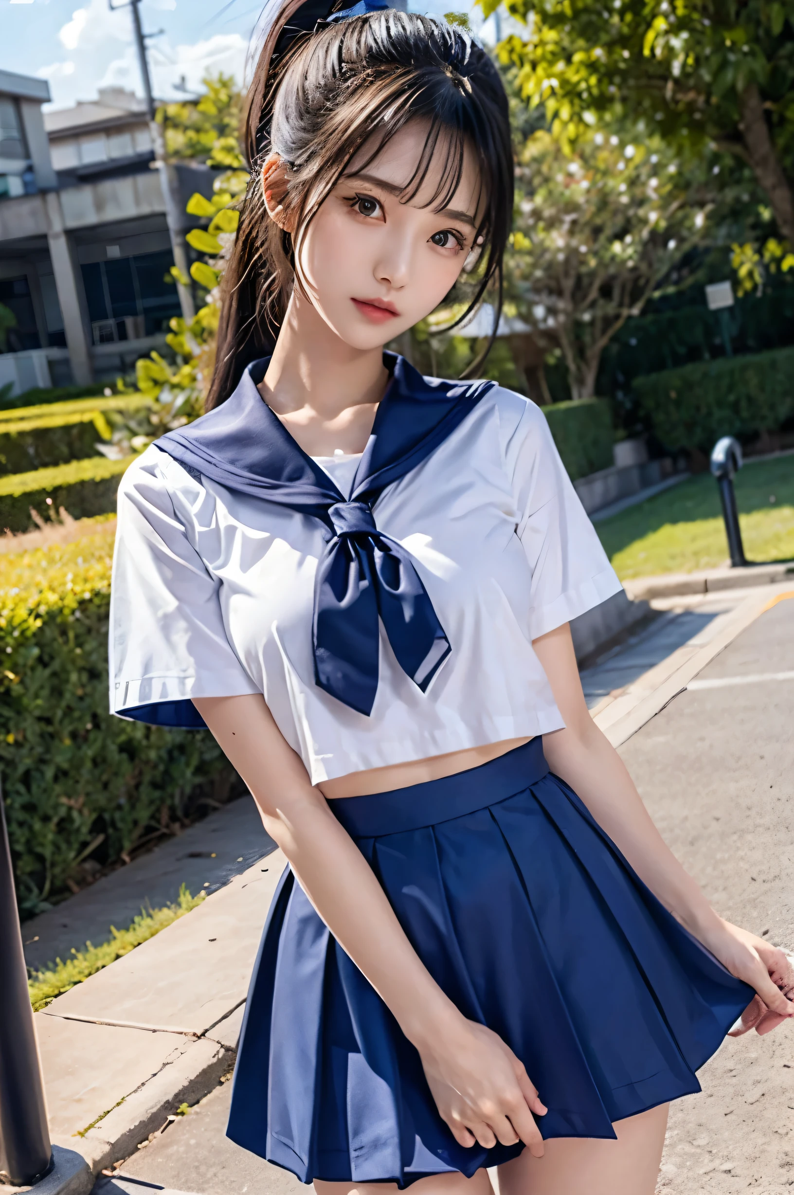 (Ultra HD), (Short-sleeved sailor uniform, Navy blue mini skirt), Big Breasts, slender, Narrow waist, belly button, whole body, Standing posture, (Clean and shiny skin, Whitening, No makeup), (Super slim face, Super beautiful face), (ponytail, Layered Cut, Fluffy hair), (double eyelid, Slanted Eyes), Small Nose, Thin lips, Thin legs, In front of the school gate