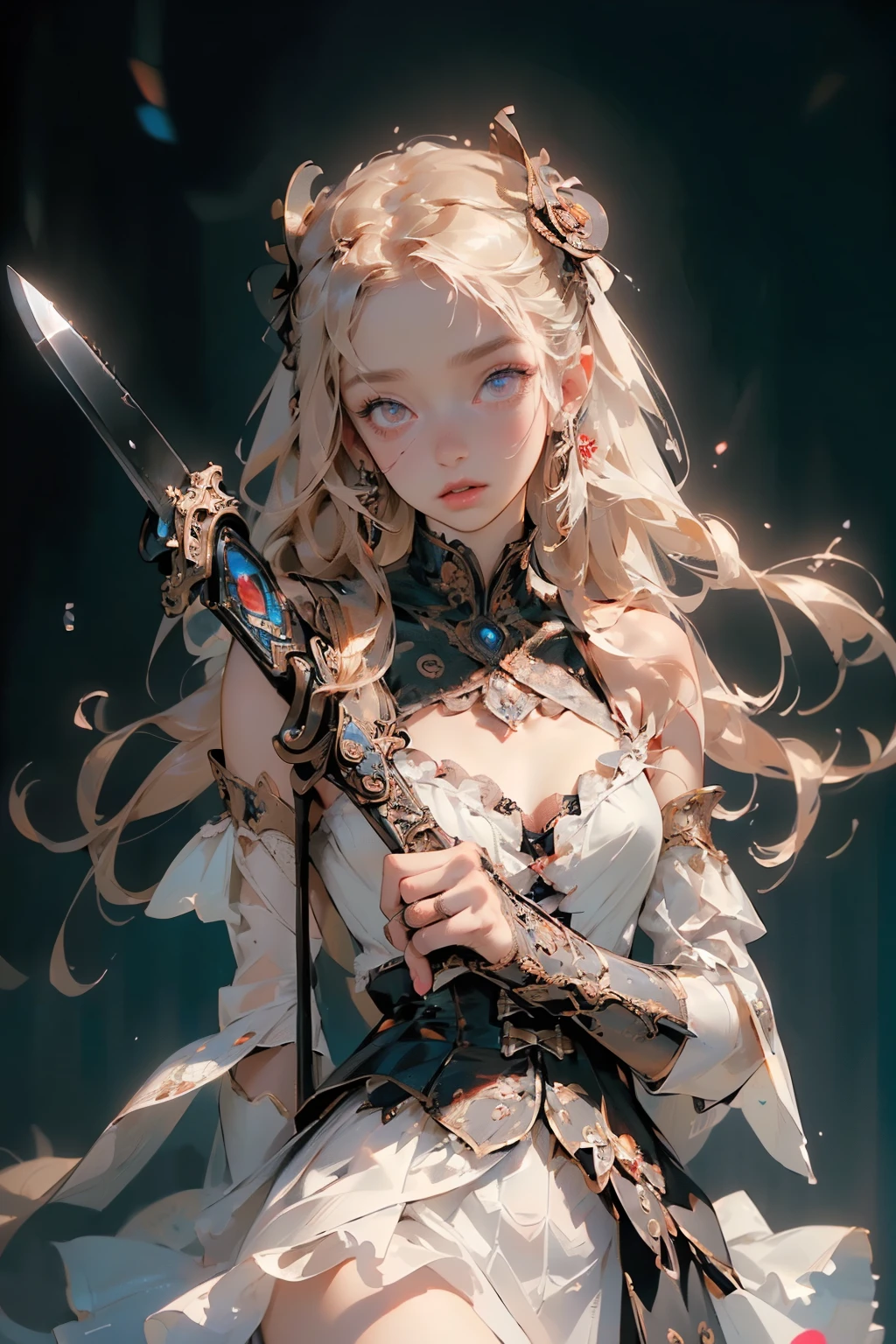 (((masterpiece, of the highest quality, super detailed))), (a female knight of an occult order), ((minimal but intricate beautiful armour)), (((wielding a sword with a digital glitch-like effect to the blade as though it is rapidly flickering in and out of reality with a very slight warping effect around it like gravitational lensing))), Fluttering lace flared dress with frilly petticoats, (((( Highly detailed face))), (((Very sharp focused eyes))), very long eyelashes, small breasts, (((flat chest:1.1))), occult aesthetic, (red and white clothing detailed and intricate steampunk and detailed gothic), (with a hood)