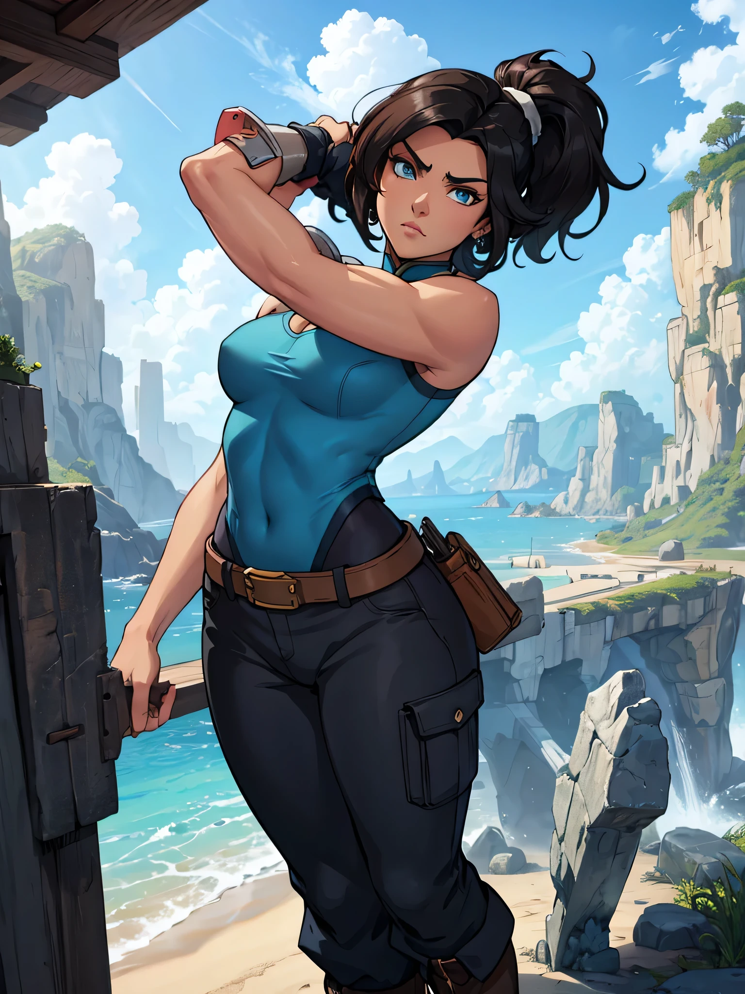 Korra from the legend of korra, beautiful woman with bold features, wearing high neck top, baggy pants, high boots, big blue eyes, gorgeous look, black overhead pony tail hair, realistic, photorealistic, photo-realistic:1.37, best quality,4k,8k,highres,masterpiece:1.2,ultra-detailed,vivid colors,physically-based rendering,extreme detail description,professional