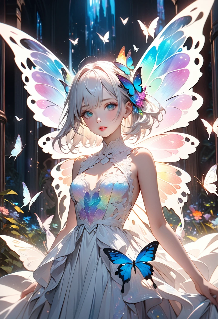 Fantasy CG art.A portrait of a girl painted in fantastical pale colors.Abstract painting, by Monet,(Pale, dreamy colors:1.5),The girl has beautiful short white hair and a green butterfly hair ornament on her head.With clear features, beautiful eyes and lips,Wonderful beautiful skin texture,My chest is a little big,Standing alone in a fantastical space wearing a gorgeous white lace dress,Shining and fantastic A background with lots of butterflies fluttering about,The girl is surrounded by beautiful butterflies with rainbow-colored holographic wings.Cowboy Shot,High quality, (masterpiece, best quality, 4k, 8k:1.5),Ultra detail,Physically based rendering, ultra-fine painting, dramatic lighting, fantasy worlds, professional photography, award-winning,
