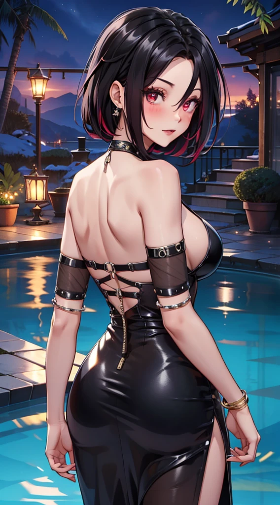 beautiful, crona, black dress, deep cleavage, hair, red eyes, Good, pool curtain, sexy, sensual, looking back, sexy, hot,