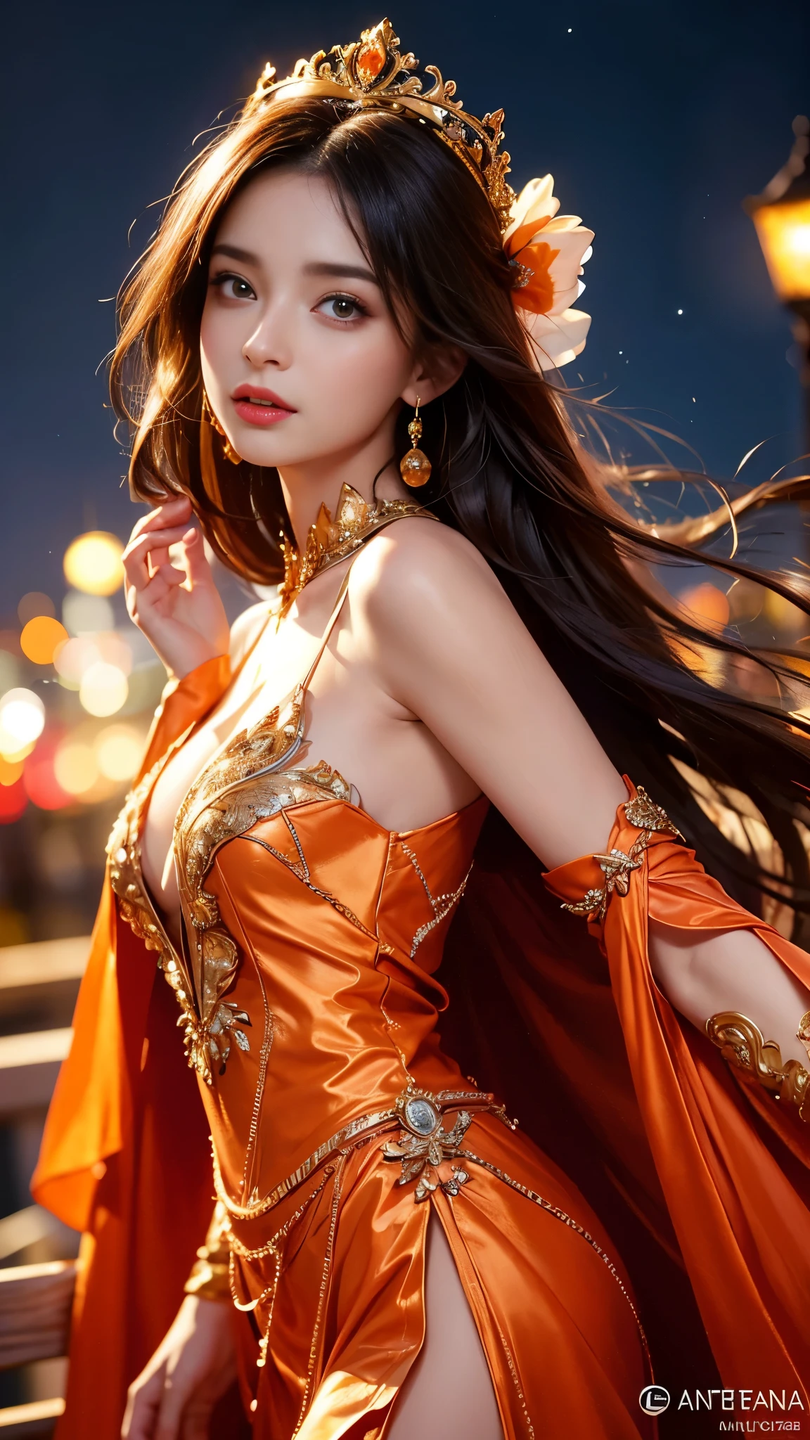 8K ultra hd, masterpiece,1 girl, ((realistic face)), detailed eyes, ((very long hair)), flowing hair, small breasts, royal dress, decorated dress, orange dress, anitque jwellery, detailed lacing, flowing cape, bare navel, moon light, amazing night outdoor, spot lights, glowing lights, depth of field, ray tracing, bloom, realistic shadow, tyndal effect, spreding, lights, looking at the audience, attractive pose,