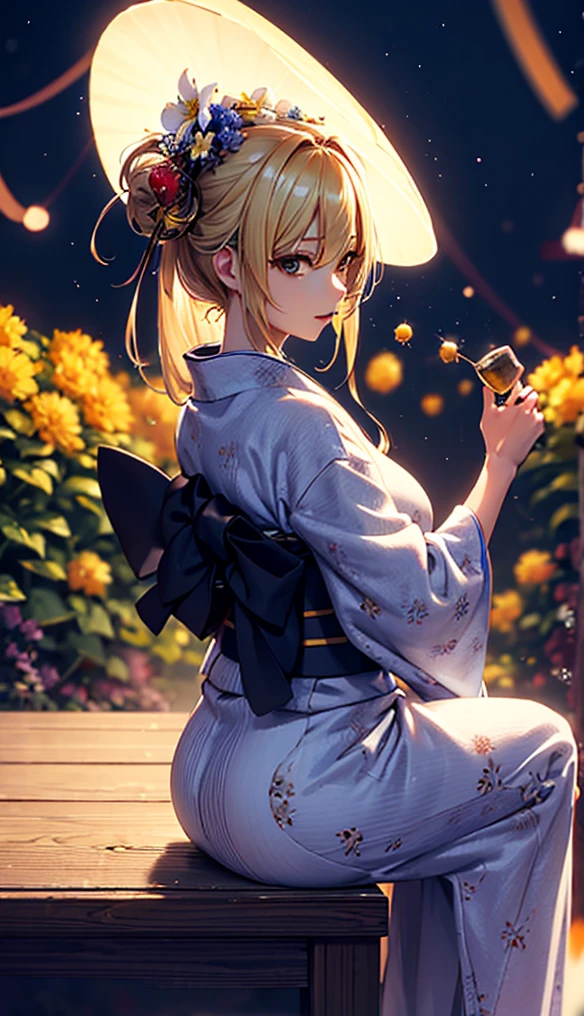 masterpiece, high quality, 4K, Beautiful design, silhouette,blonde, 非常に詳細な夜のStarry Sky,Flower Field, wonderful, Finer details, Very knowledgeable woman, Highly detailed solo, 1 female,Big Breasts,Butt Emphasis,Yukata in white color,Night view,Starry Sky,full moon,How to sit,Tsukimi sake,Evening drinks,
